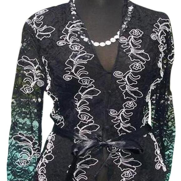 Cache Luxe Black Lace Sheer Illusion Lace Top Jacket White Trim New $228 NWT - Picture 6 of 11